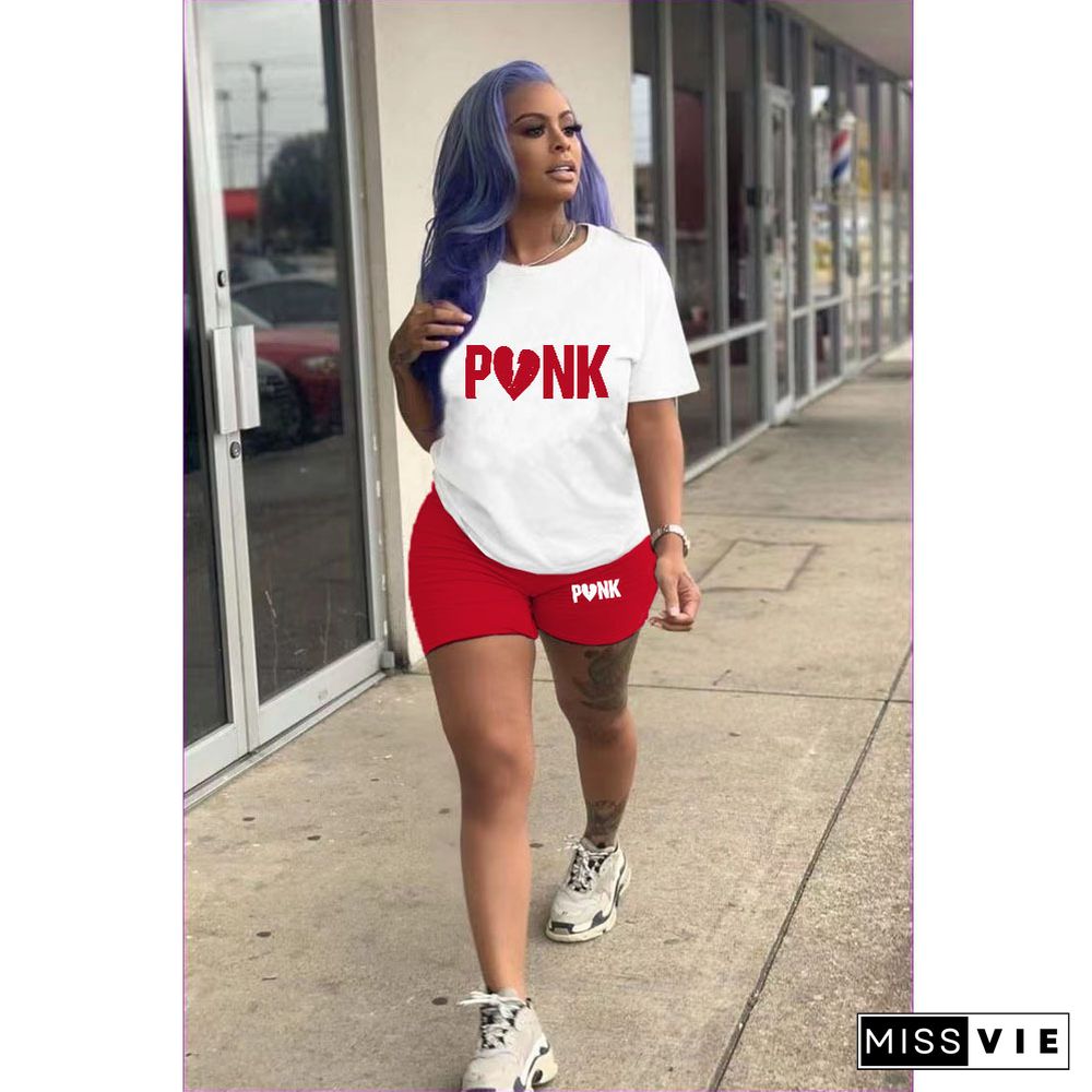 PINK Letter Short Sleeve T Shirt Shorts Two Piece Set