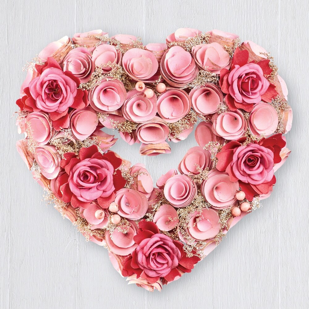Wooden Pink and Red Roses Heart Shaped Wreath