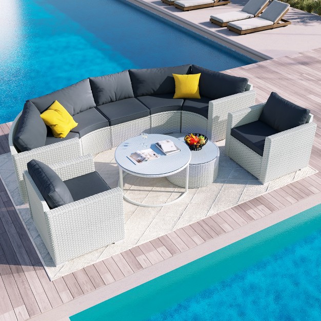 9 Pcs Outdoor Half moon Patio Wicker Sofa Set Patio Pe Rattan Conversation Set With Table 4m modernluxe