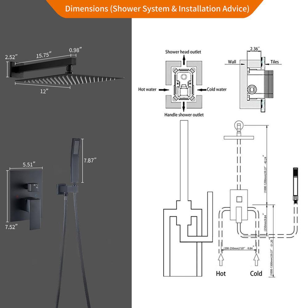 Zalerock Rainfall 1-Spray Square 12 in. Shower System Shower Head with Handheld in Black (Valve Included) KSA013