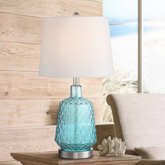 High Blue Textured Glass Nickel Pole White Drum Shade For Bedroom Living Room Nightstand