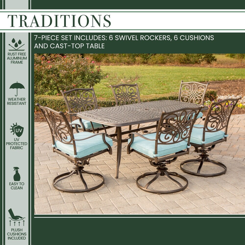 Hanover Traditions 7 pc. Bronze tone Aluminum Dining Set w/ Blue Cushions and Cast top Table