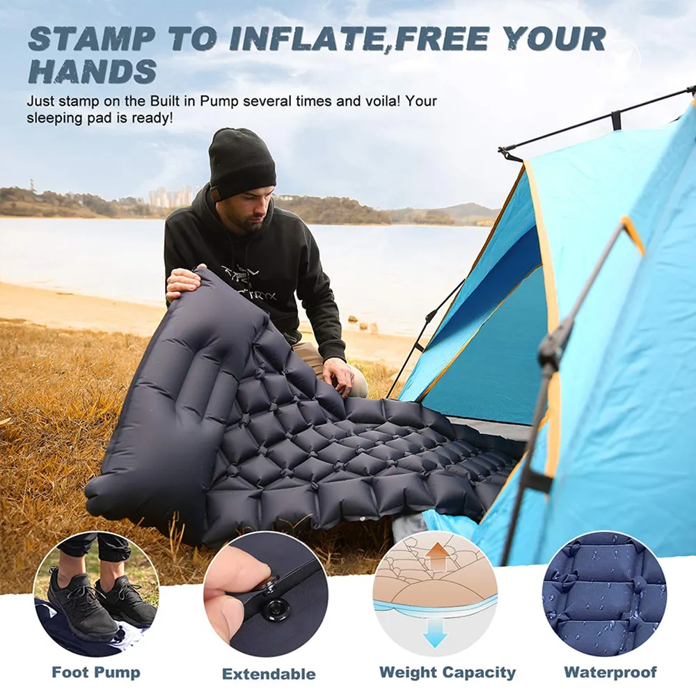 25s Quick Inflate Compact Inflatable Camping Air Mattress Pad  Foot Press Pump Backpacking Hiking Inflatable Sleeping Pad