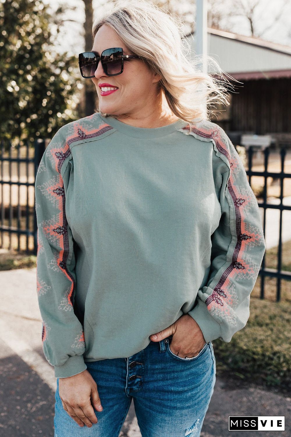 Sky Blue Plus Size Embroidered Patchwork Long Sleeve Sweatshirt