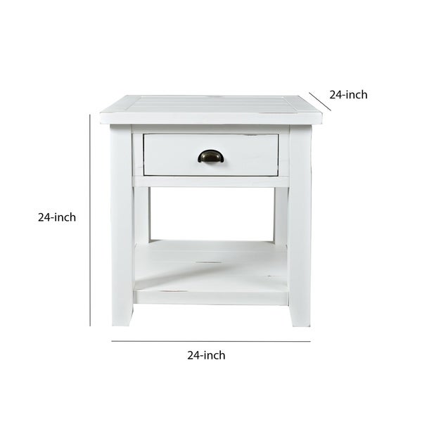 Wooden End Table with Open Shelf， Weathered White