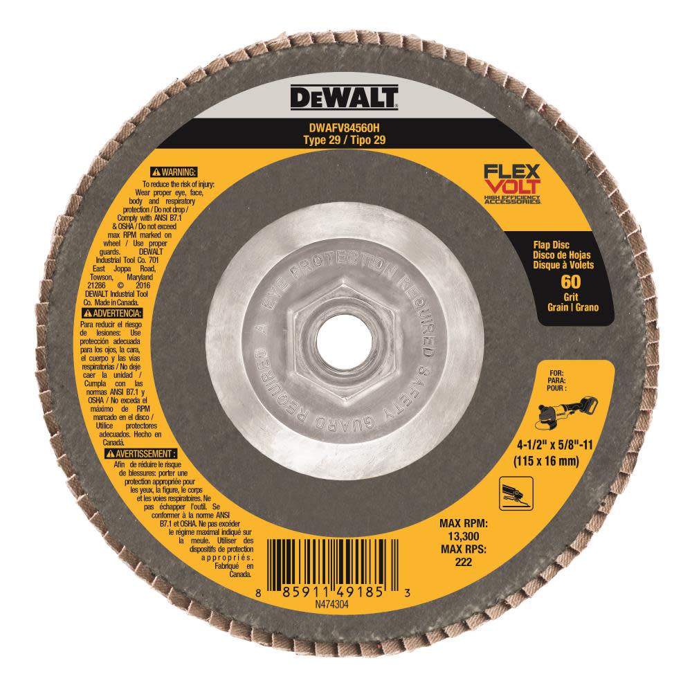 DEWALT FLEXVOLT 4-1/2 In. x 5/8 In. to 11 60 g T29 Flap Disc DWAFV84560H from DEWALT