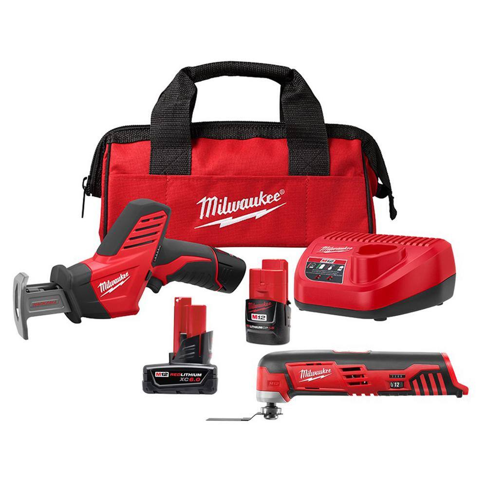 MW M12 12V Lithium-Ion HACKZALL Cordless Reciprocating Saw Kit with M12 Oscillating Multi-Tool  6.0Ah XC Battery Pack 2420-21-2426-20-48-11-2460