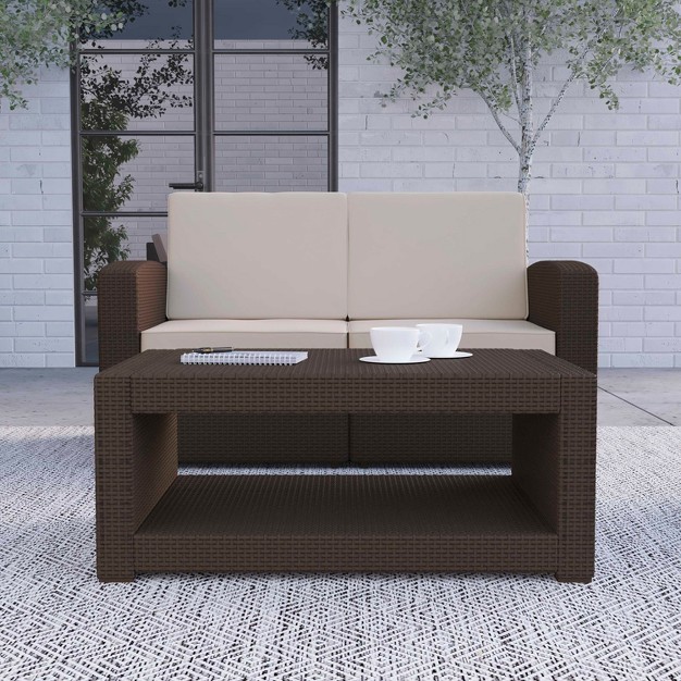 Merrick Lane Outdoor Furniture Coffee Table Chocolate Brown Faux Rattan Wicker Pattern All weather Patio Coffee Table With Shelving