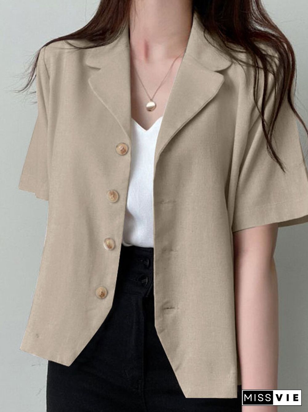 Solid Button Front Lapel Short Sleeve Casual Blazer