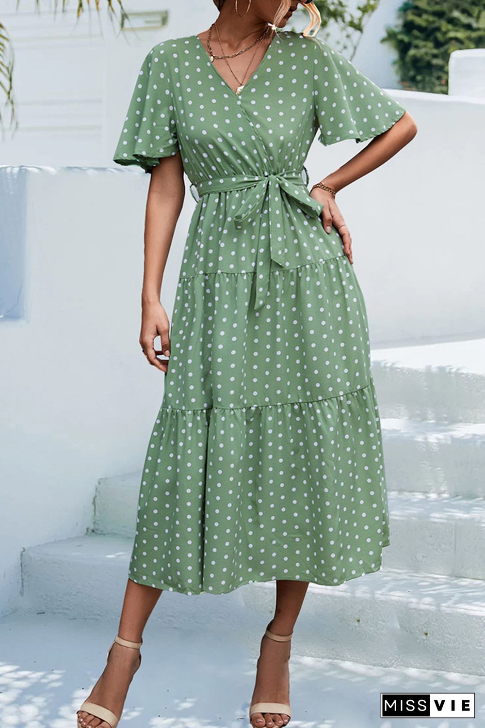 Polkadot V Neck Waist Tie Tiered Ruffle Dress