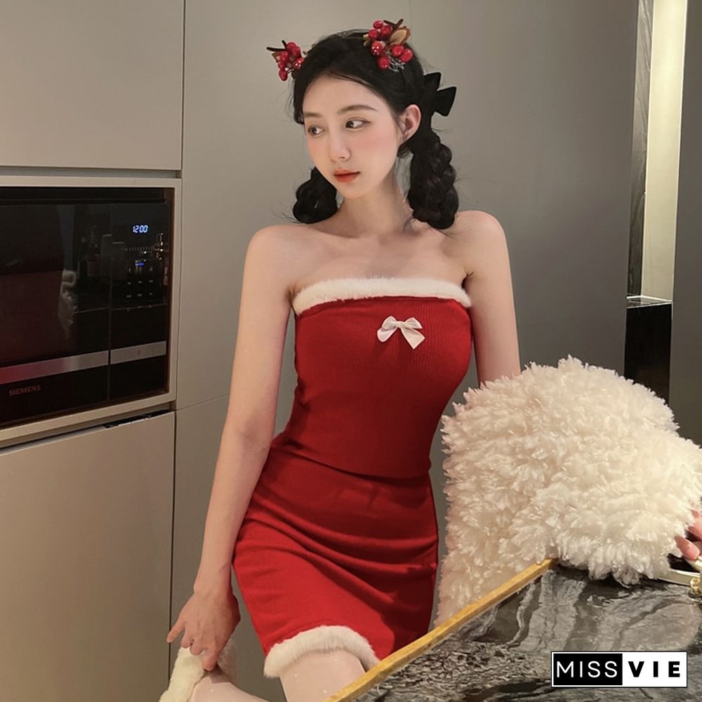 Autumn Sexy Christmas Sleeveless Dress Women Casual Slim Mini Dress Solid Red Camis Dress Korean Fashion Street Wear New