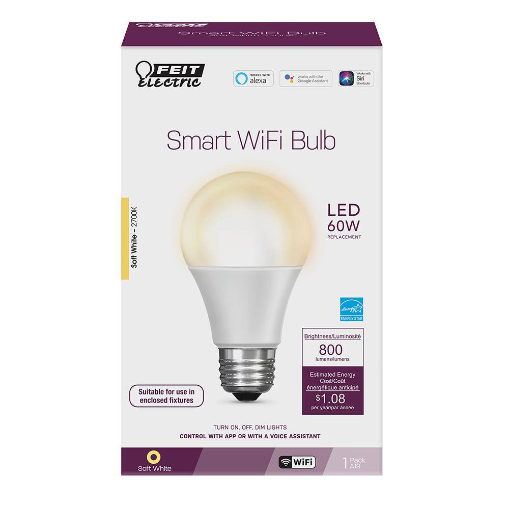 Feit Electric 60-Watt Equivalent Soft White (2700K) A19 Dimmable Wi-Fi LED Smart Light Bulb (4-Pack) OM60927CAAG4