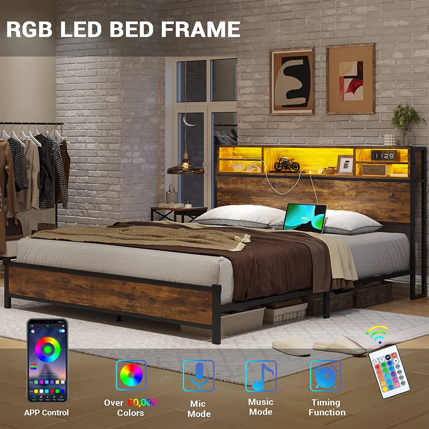 LED Bed Frame with Charging Station and Storage Headboard,Full Size Metal Platform Bed with LED Lights, Rustic Brown