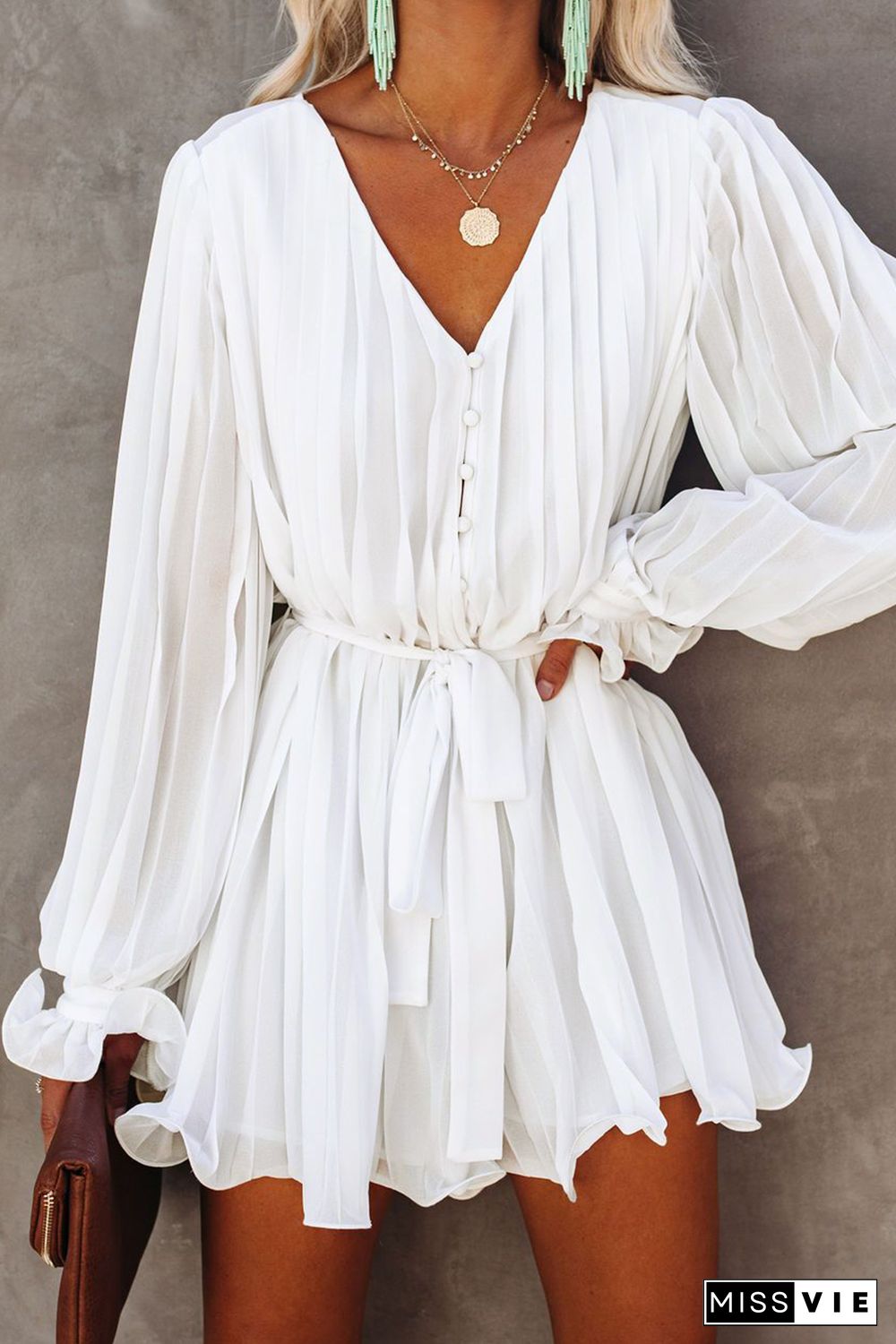 White Pleated Ruffled Tie Waist Buttons V Neck Romper