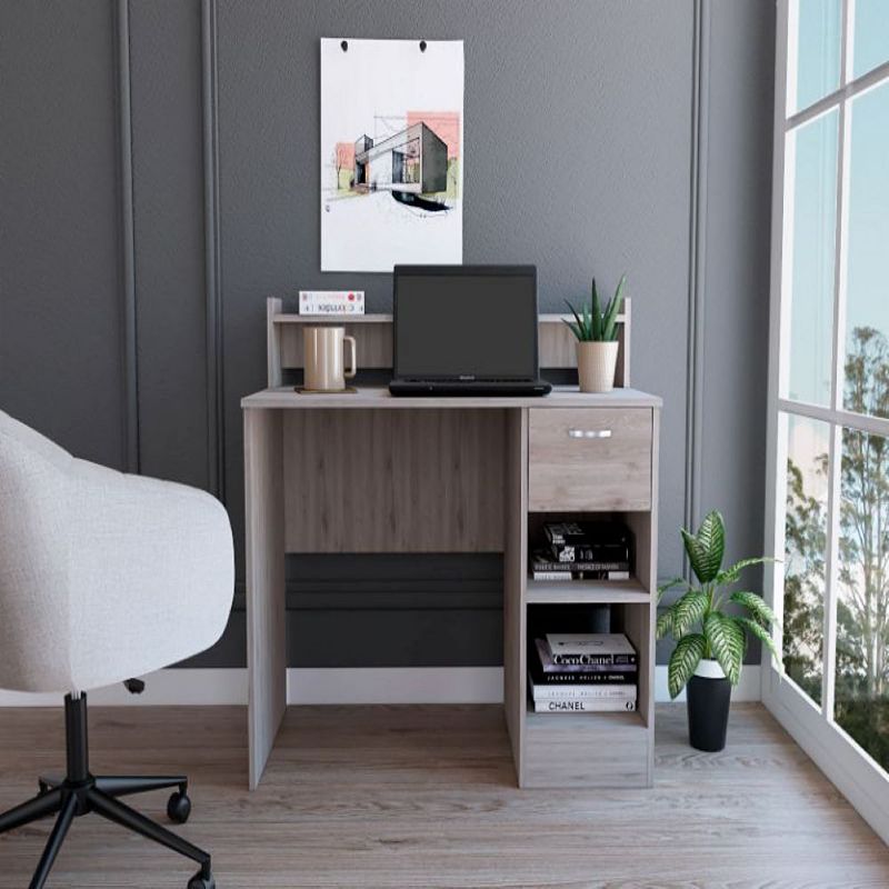 DEPOT E-SHOP Vera Computer Desk with Top Open Shelf， 1-Drawer and 2-Storage Shelves， Light Gray