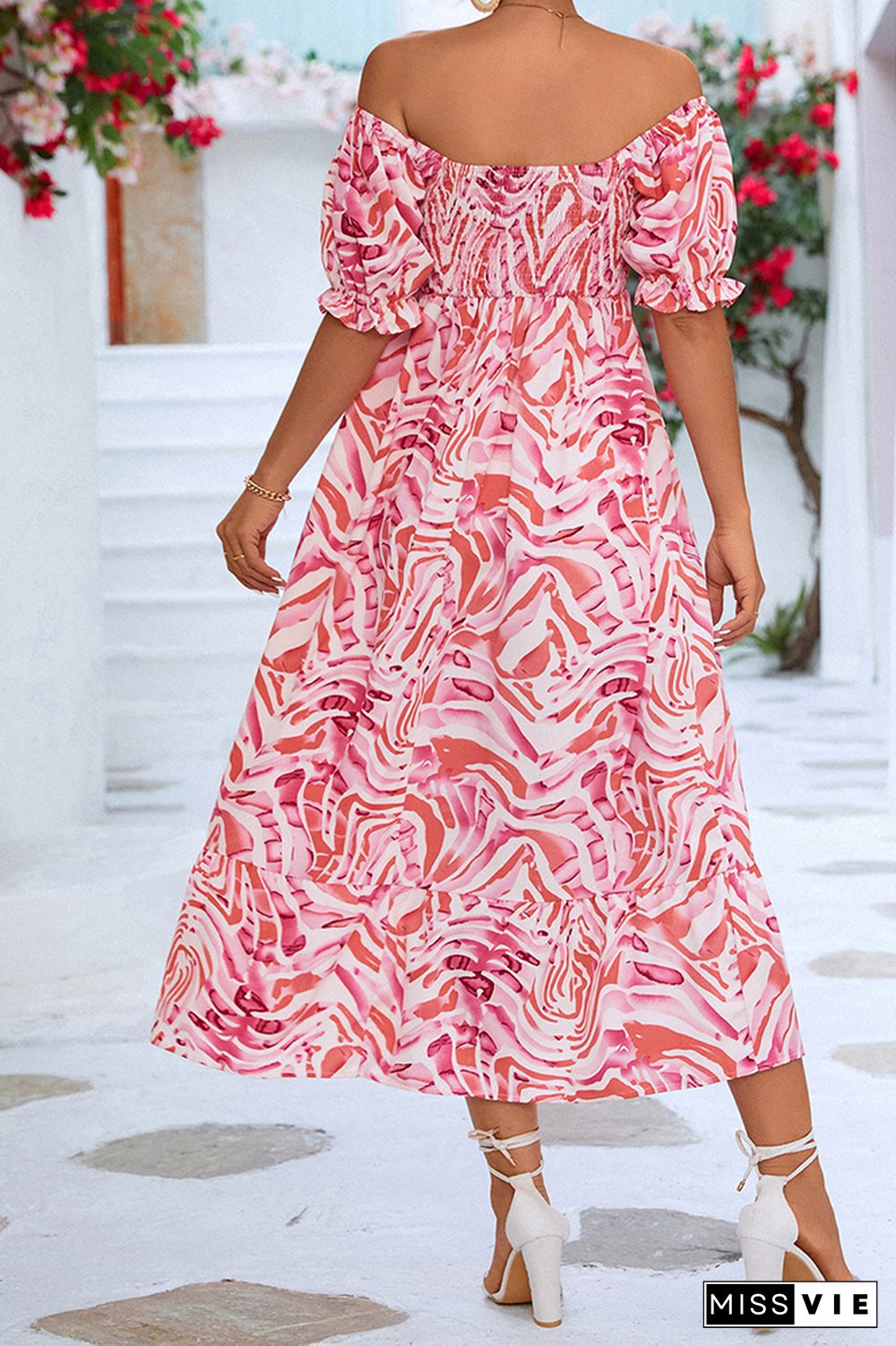 Off Shoulder Smocked High Waist Printed Maxi Dress