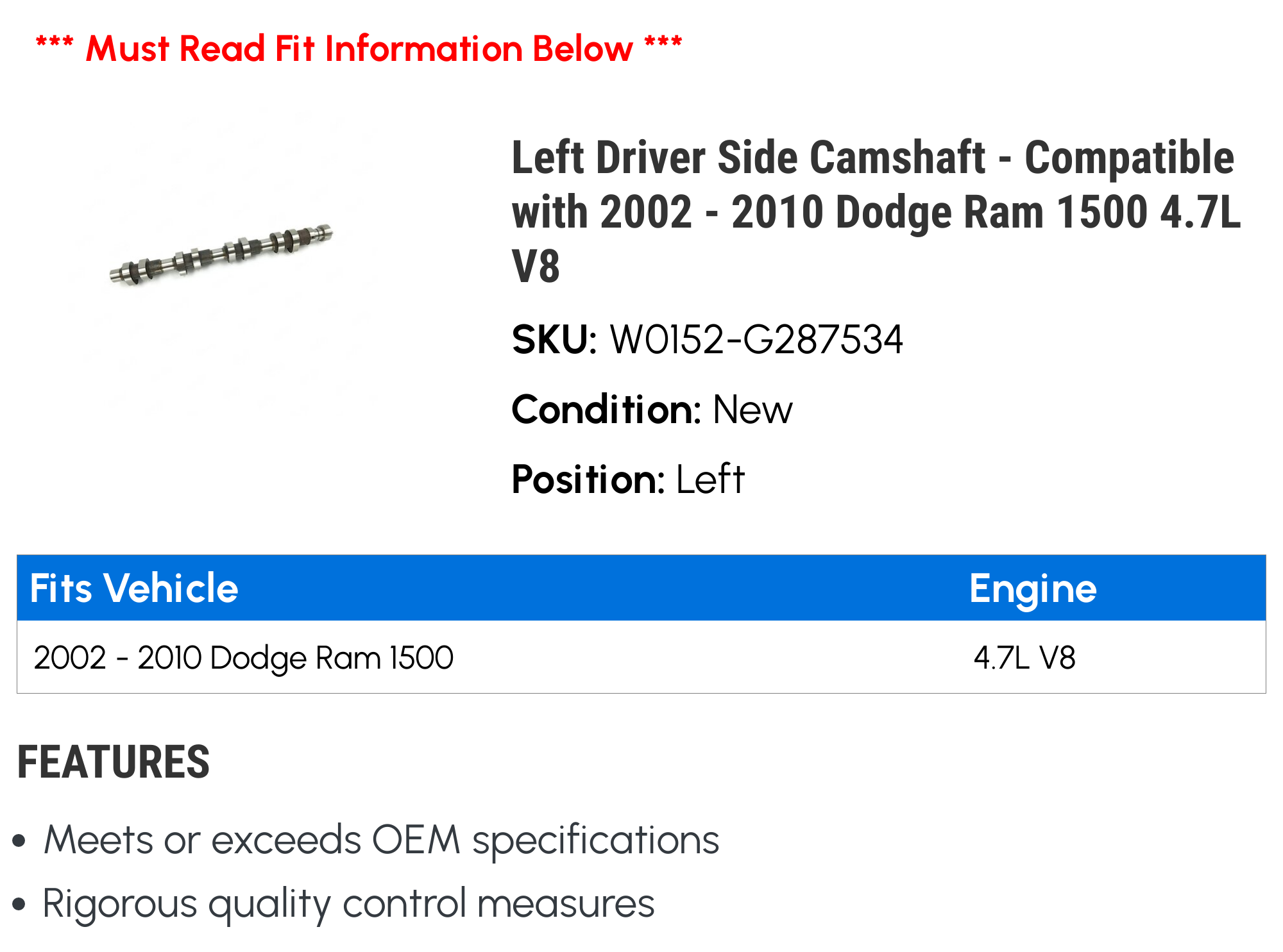 Left Driver Side Camshaft - Compatible with 2002 - 2010 Dodge Ram 1500 4.7L V8 2003 2004 2005 2006 2007 2008 2009