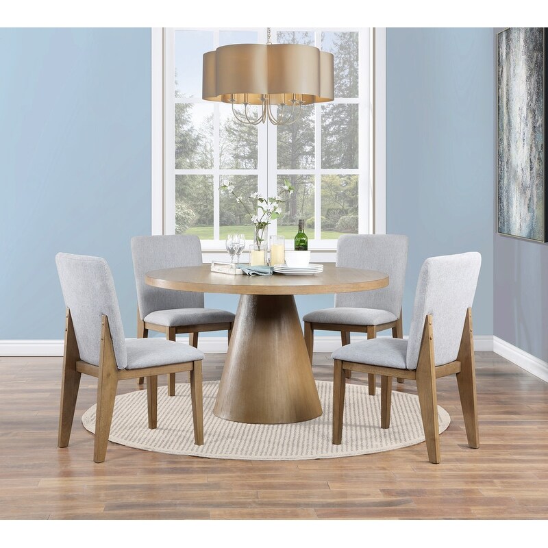 Delphine 5 Piece Round Oak Finish Dining Table Set with Gray Chairs