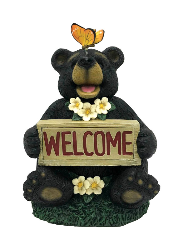 Smart Solar 7.5 in. Solar Power Ceramic Welcome Bear with Butterfly Lantern Brown