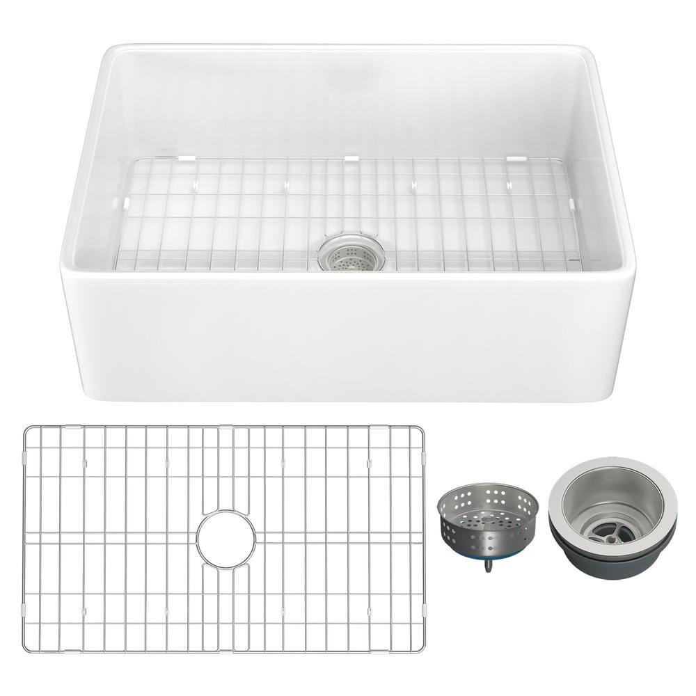 White Fireclay 30 in. Single Bowl Farmhouse Apron Kitchen Sink with Bottom Grid and Basket Strainer HKD-302010-W