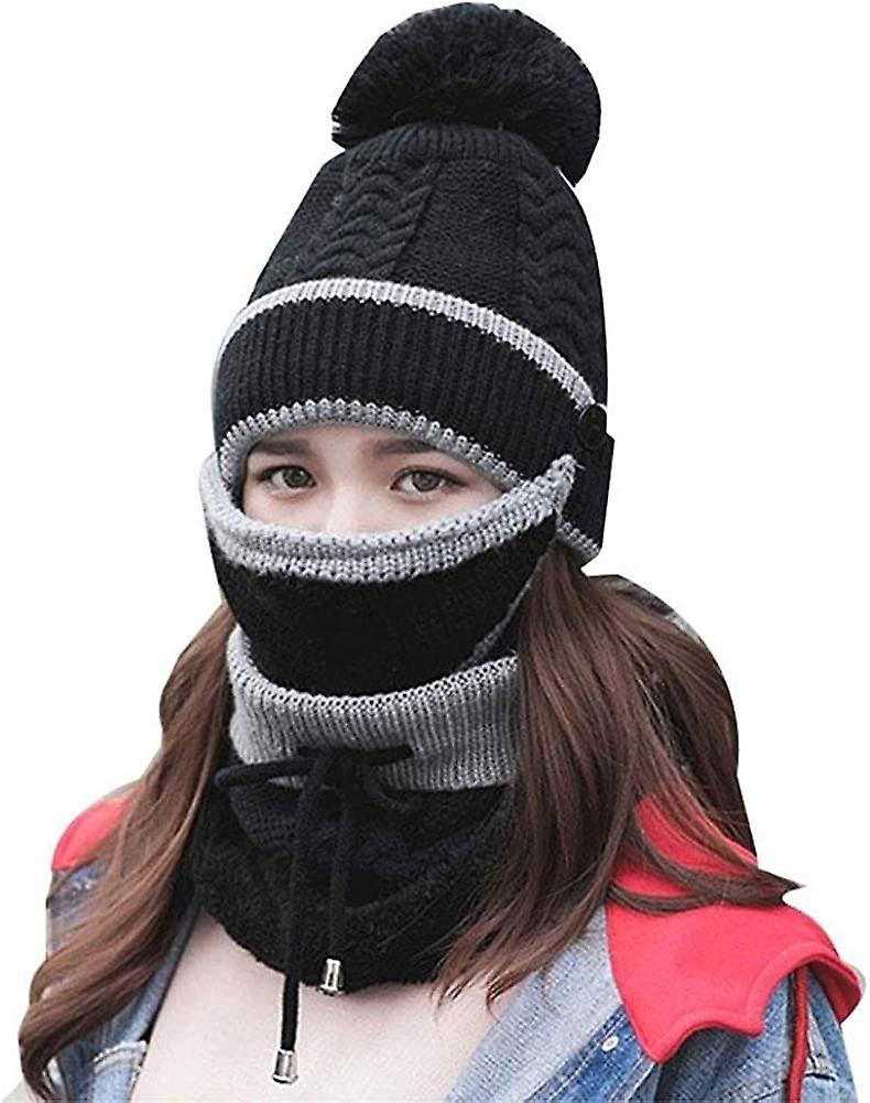 3pcs/set Fashion Women Winter Knitted Hat Thickened Woolen Cap With Warm Mask And Neck Scarf Navy Blue -