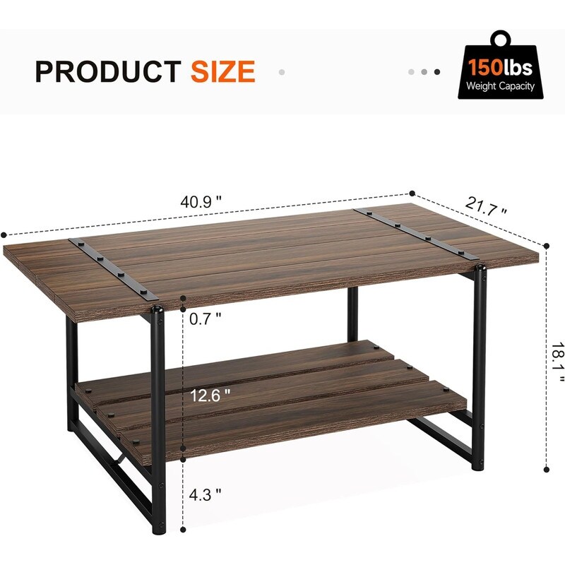 2 Tier Modern Industrial 41'' Large Wooden Coffee Table with Storage Shelf