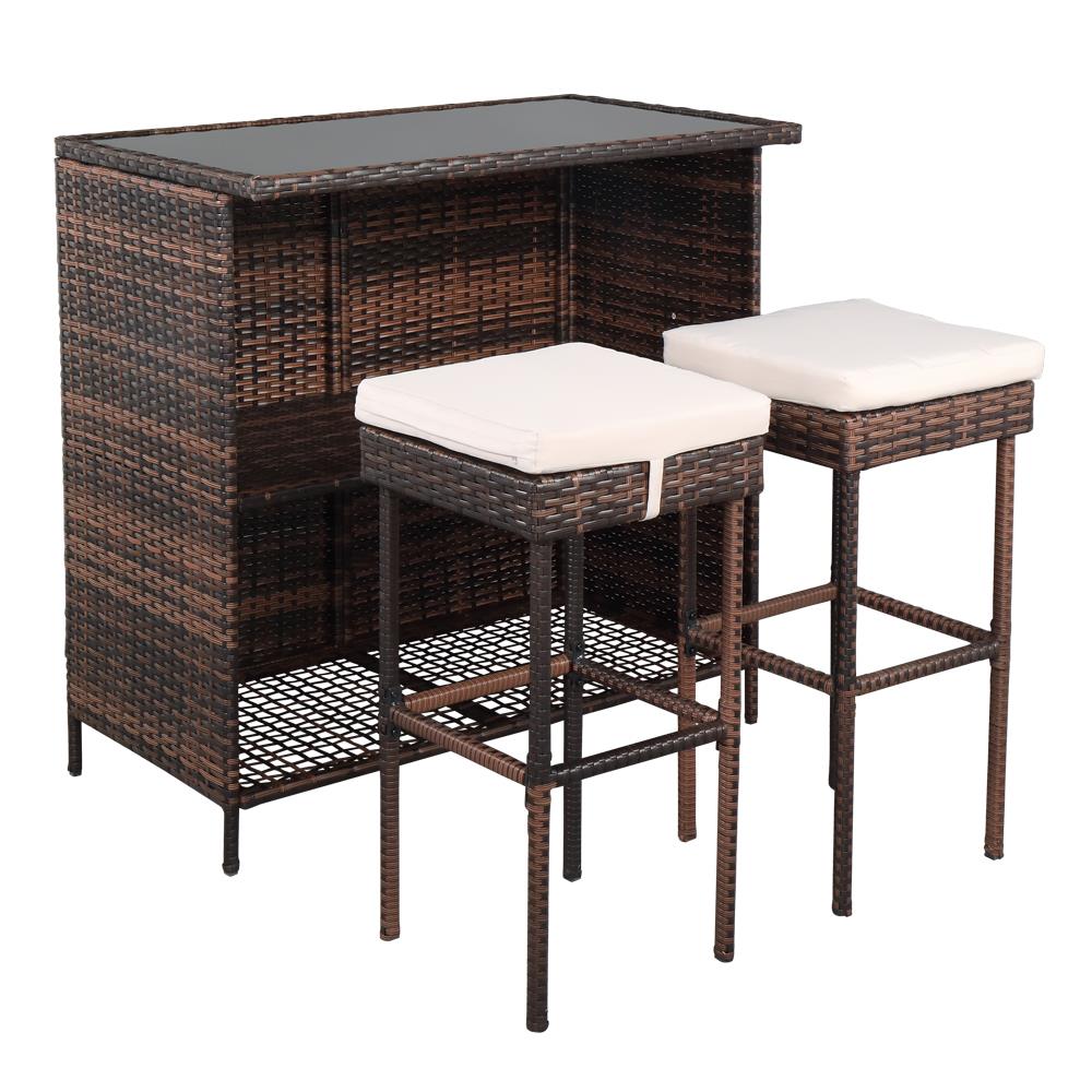 SalonMore 3 Pieces Rattan Wicker Bar Table And Bar Stool Patio Set， Brown Gradient