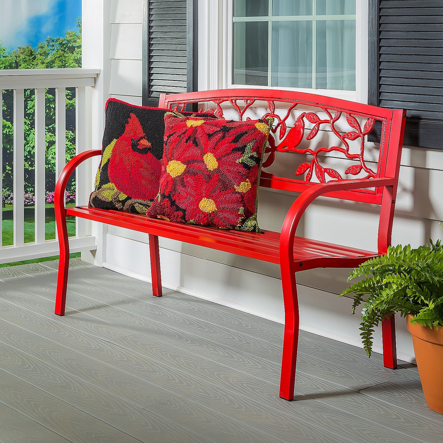 Evergreen Cardinals Metal Garden Bench, Red