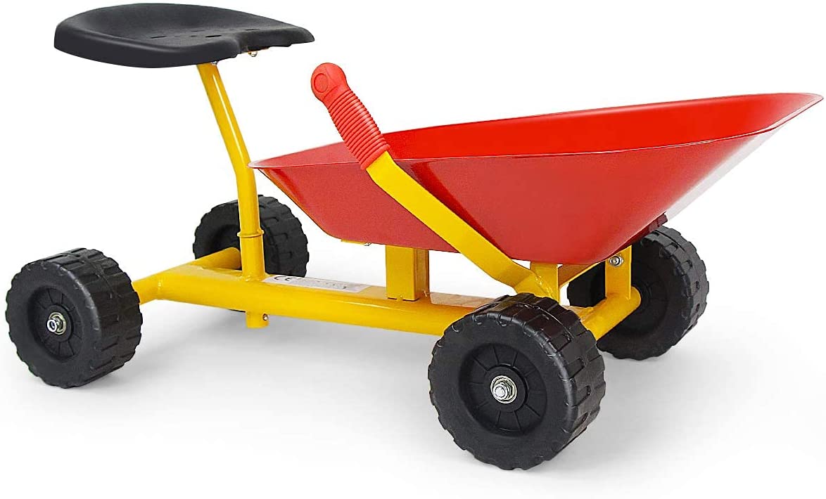 Kids Ride-on Sand Dumper, Children Outdoor Sandbox Toy w/ Ergonomic Handle & 4 Wheels