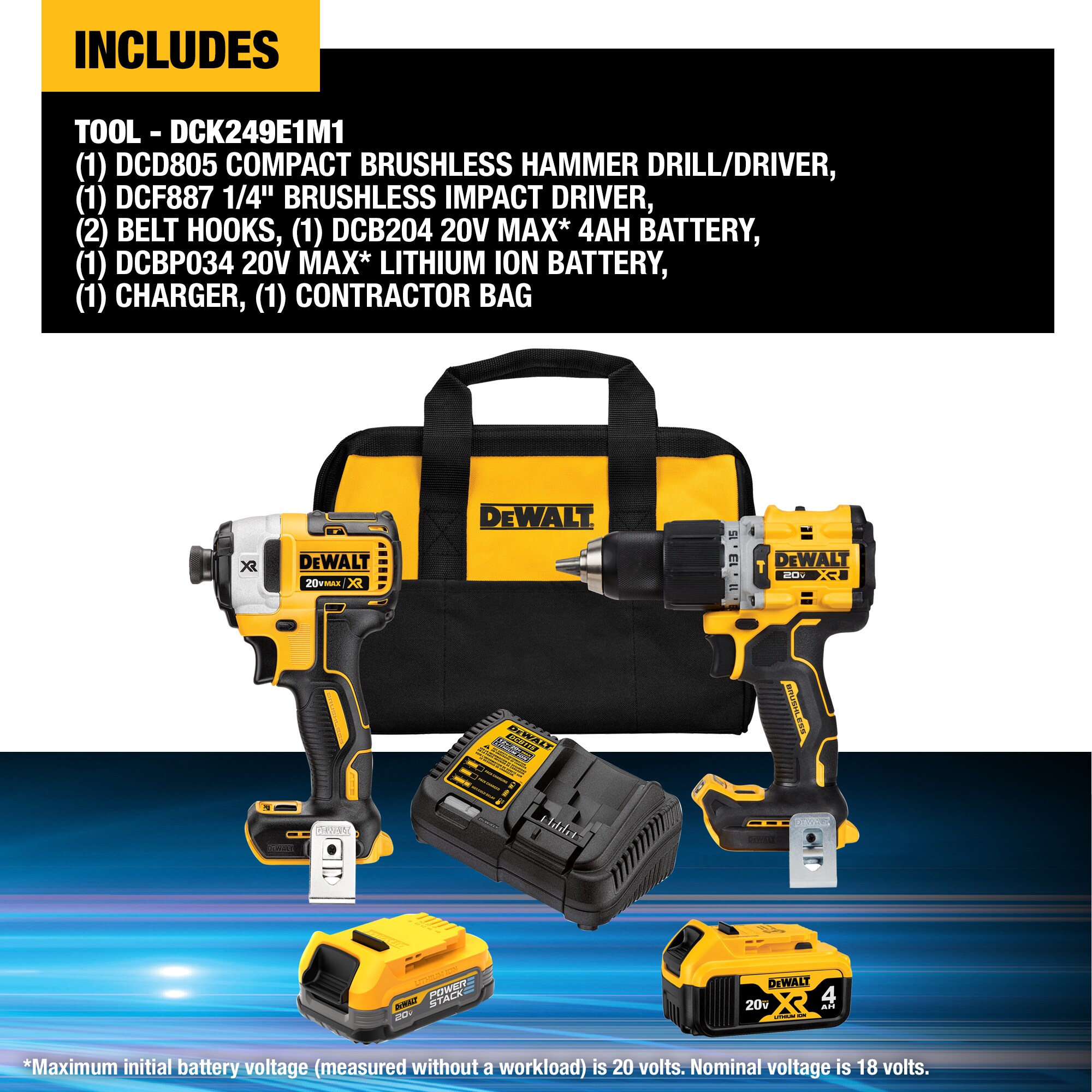 DeWalt DCK249E1M1 20V MAX XR Compact Hammer Drill/Driver 2-Tool Combo Kit w/ (1)2 Ah and (1)4 Ah Battery