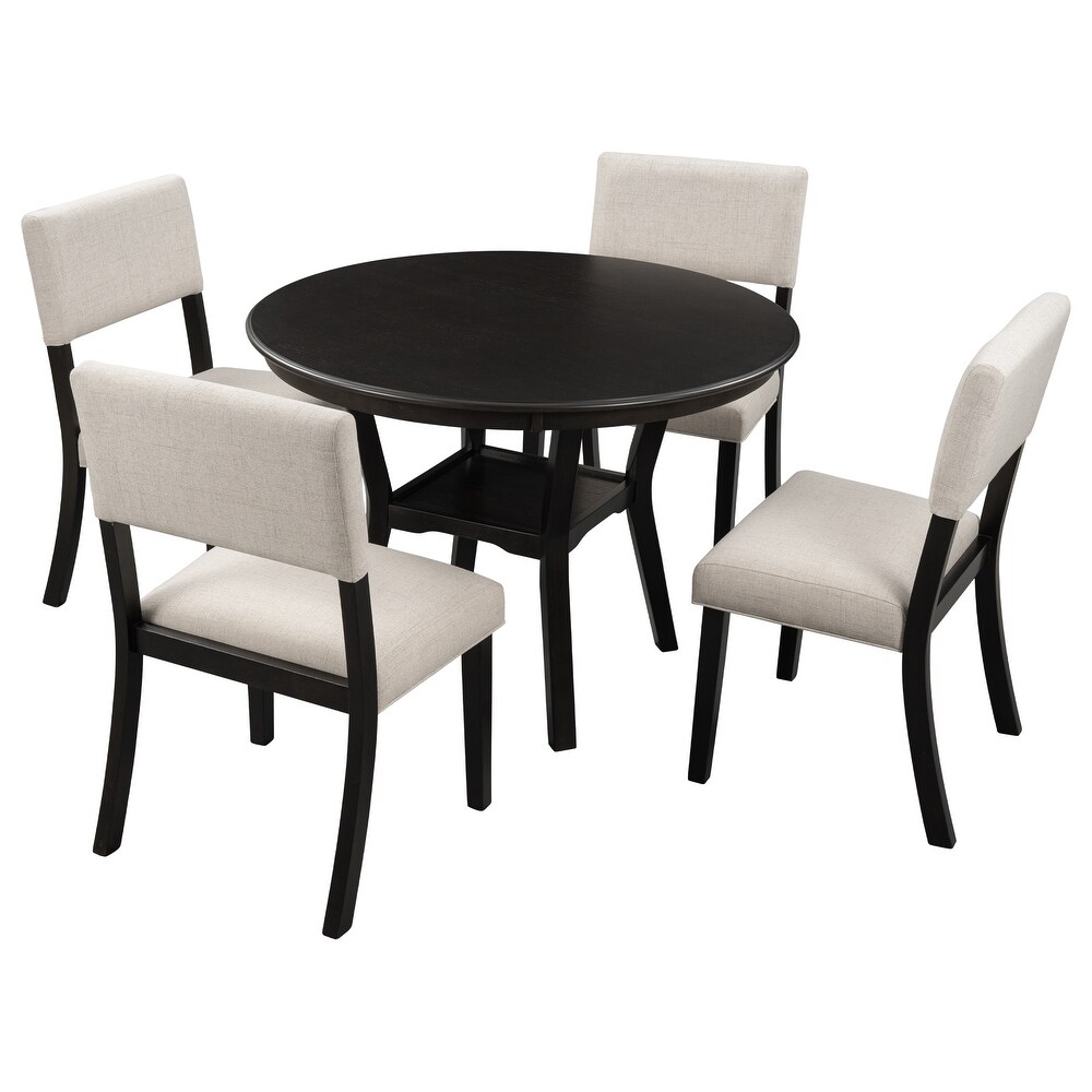 5 Piece Kitchen Dining Table Chair Set  Round Table with Bottom Shelf