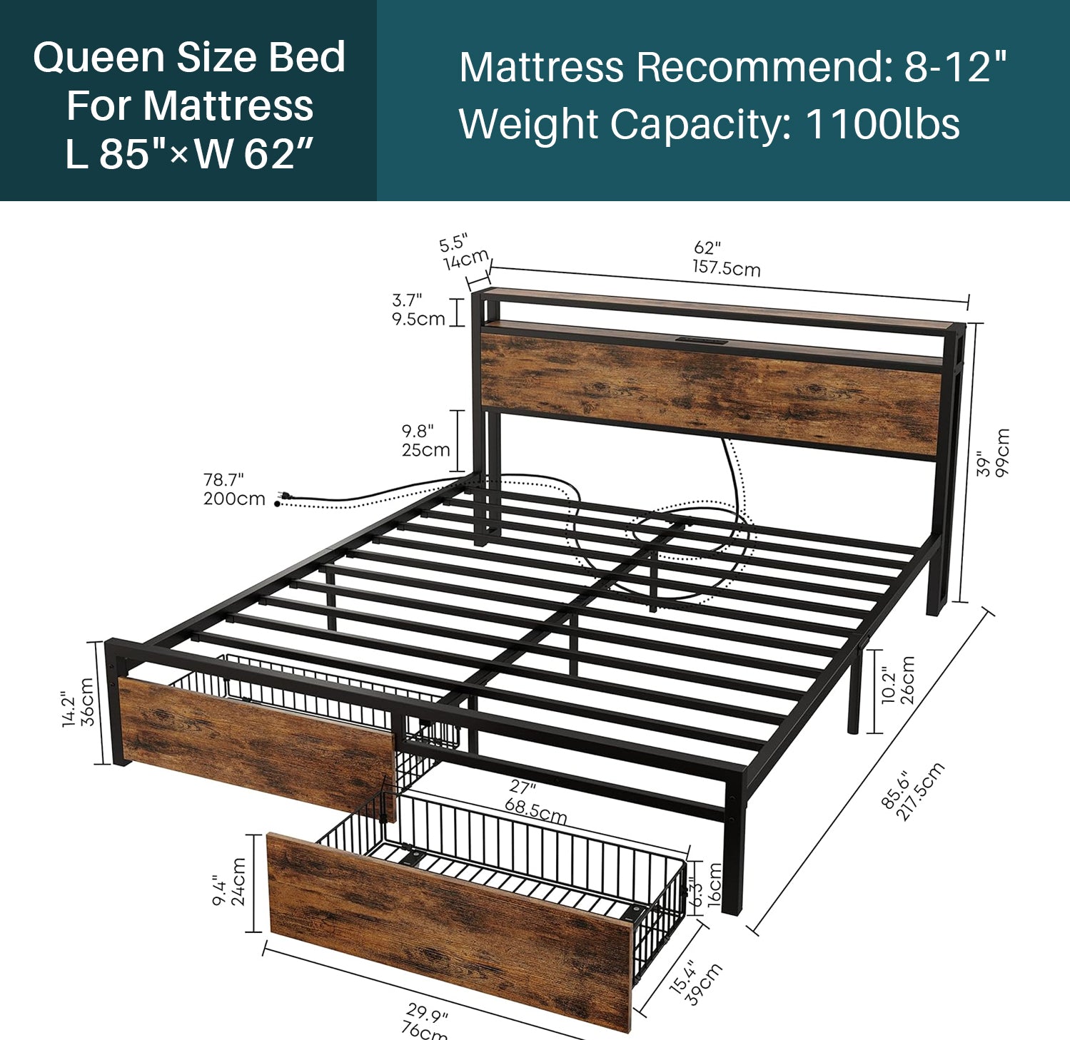 Bed Frame with Storage Headboard Platform Bed with Drawers and Charging Station, No Box Spring Needed