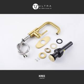 Ultra Faucets Kree Single Hole Single-Handle Bathroom Faucet Rust and Spot Resist with Drain Assembly in Brushed Gold UF30708