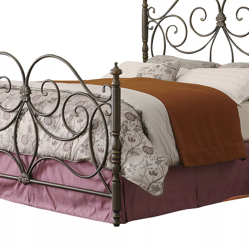 Queen Size Metal Headboard and Footboard with Scroll Work Details， Dark Bronze