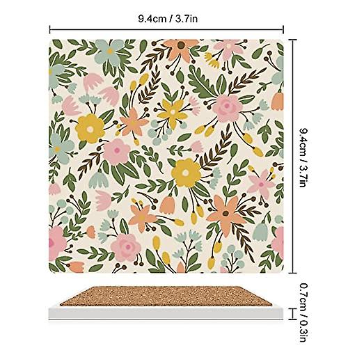 Colourlife Square Drink Coasters 1 Pcs Flowers Green Leaves Floral Pattern Absorbent Ceramic Coffee Coasters For Drinks With Cork Base Housewarming Gi