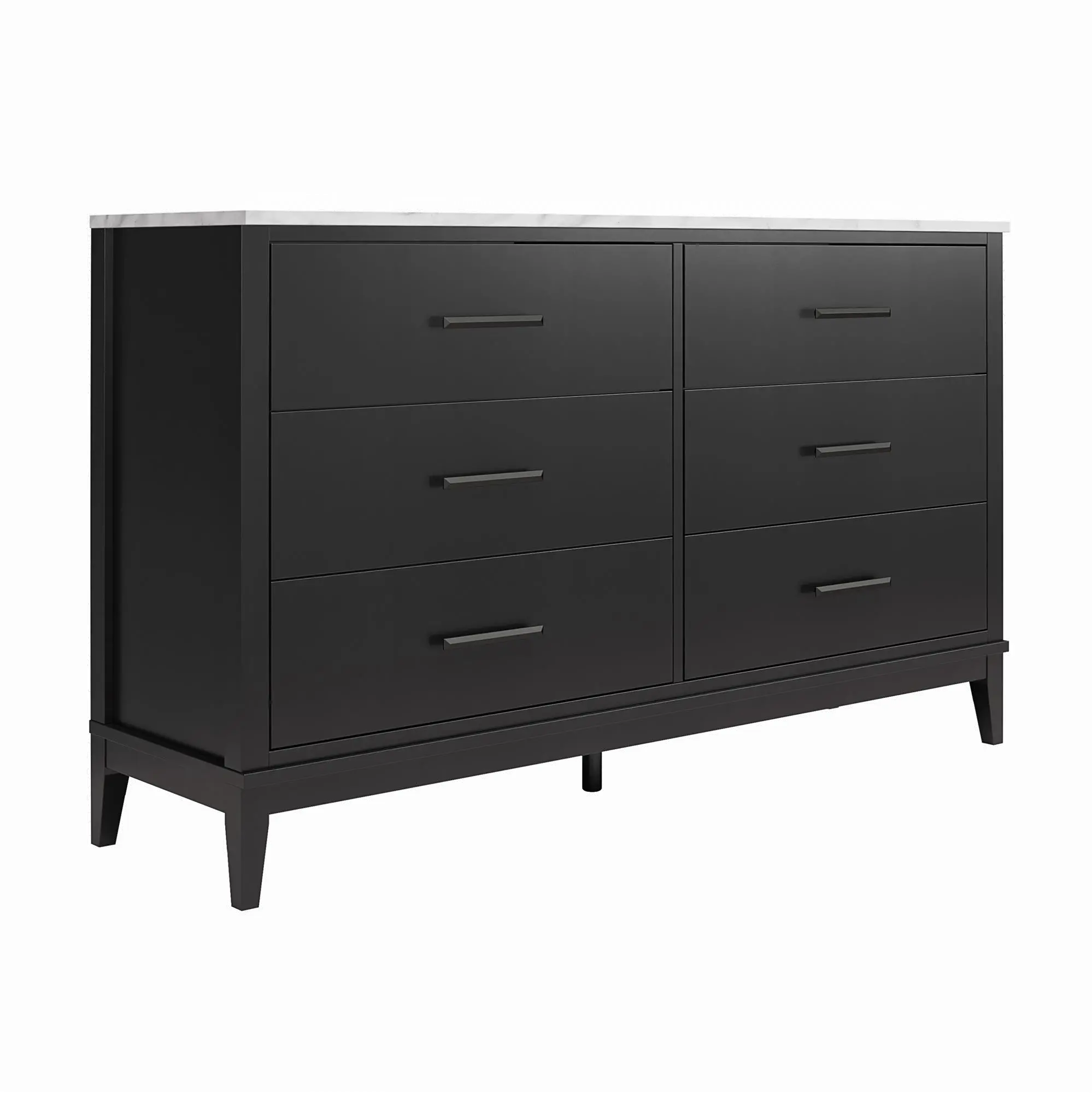 Lynnhaven Black 6 Drawer Dresser with White Marble Top