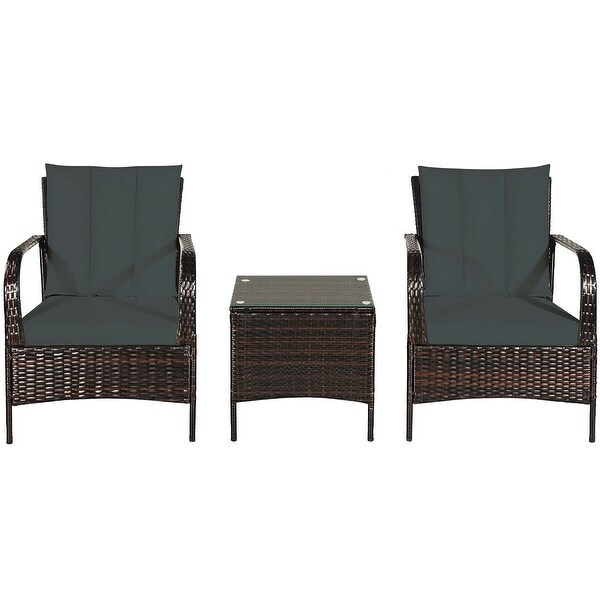 Costway 3 PCS Patio Wicker Rattan Furniture Set Coffee Table and 2