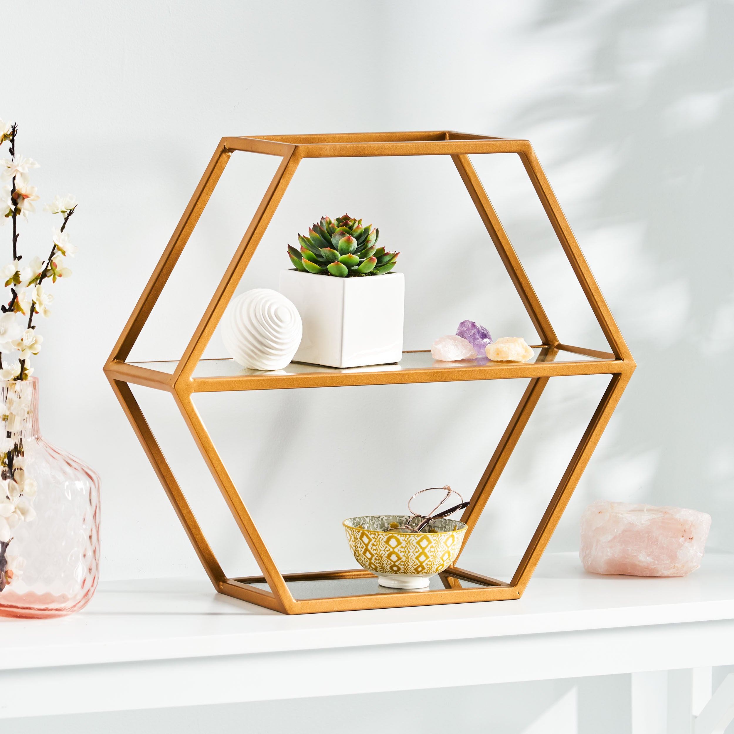 Mohaven Modern Glam Handcrafted Glass 2 Shelf Hexagonal Decorative Shelf, Antique Gold