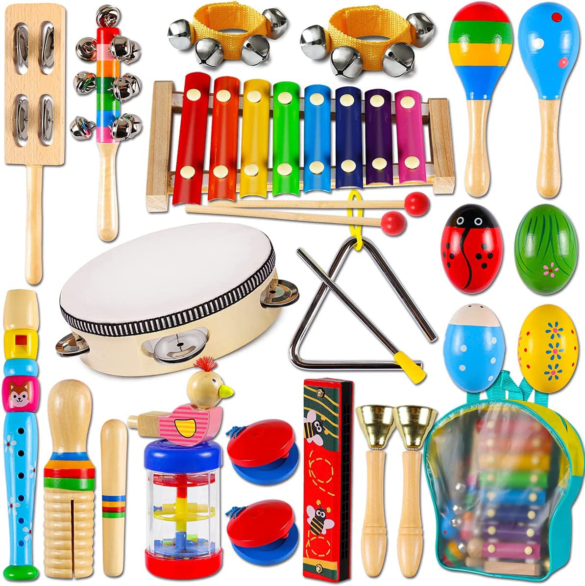 LOOIKOOS Toddler Musical Instruments，Wooden Percussion Instruments for Kids Baby Preschool Educational Musical Toys Set for Boys and Girls