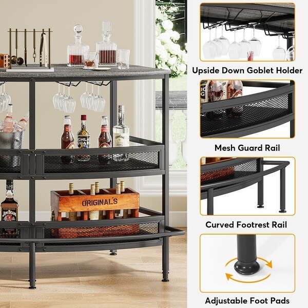 3-Tier Home Bar Unit with Storage Shelf，Wine Liquor Bar Table with Stemware Racks and Footrest for Home Pub