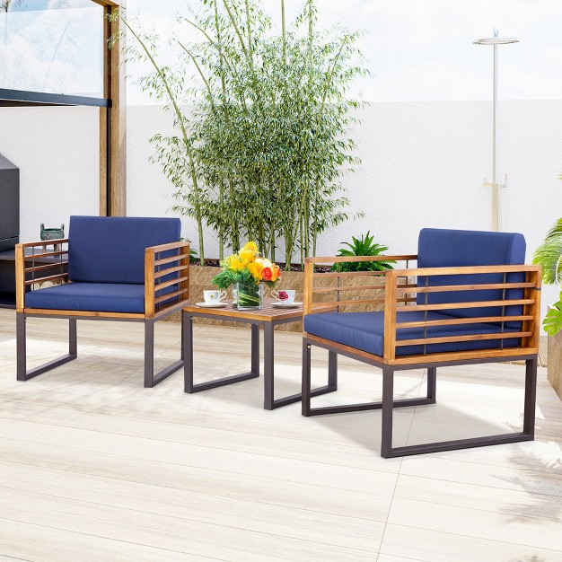 Tangkula 3pcs Acacia Wood Patio Bistro Set Outdoor Conversation Furniture Set W Navy Cushions