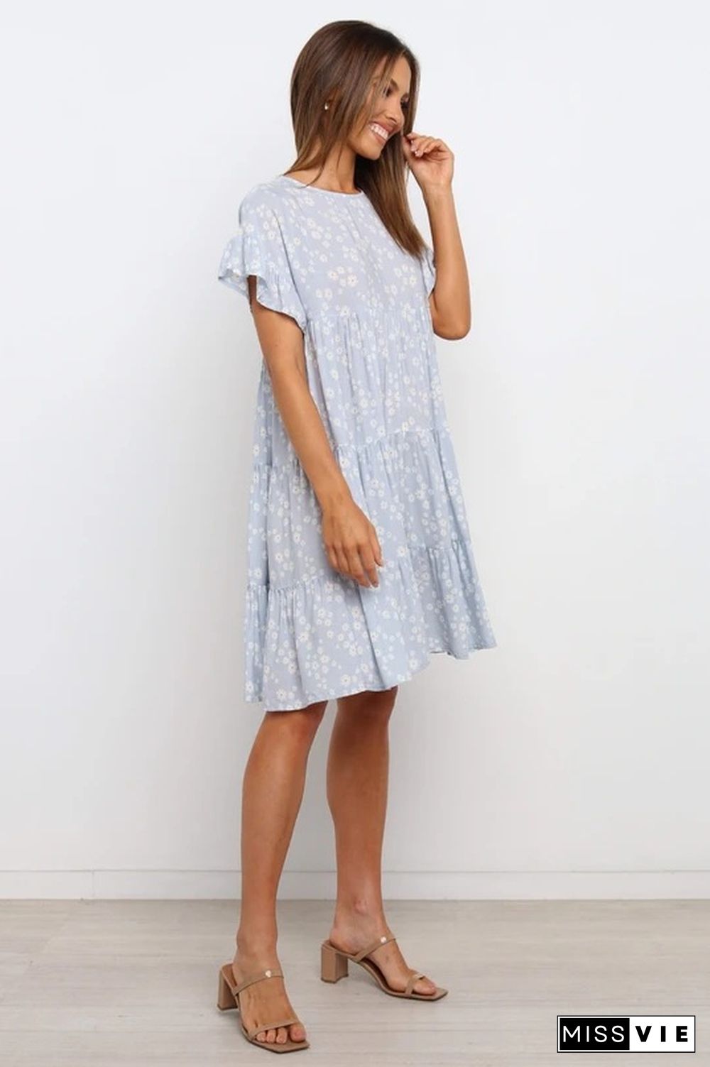 Floral Printed Short Sleeve Splicing Dress