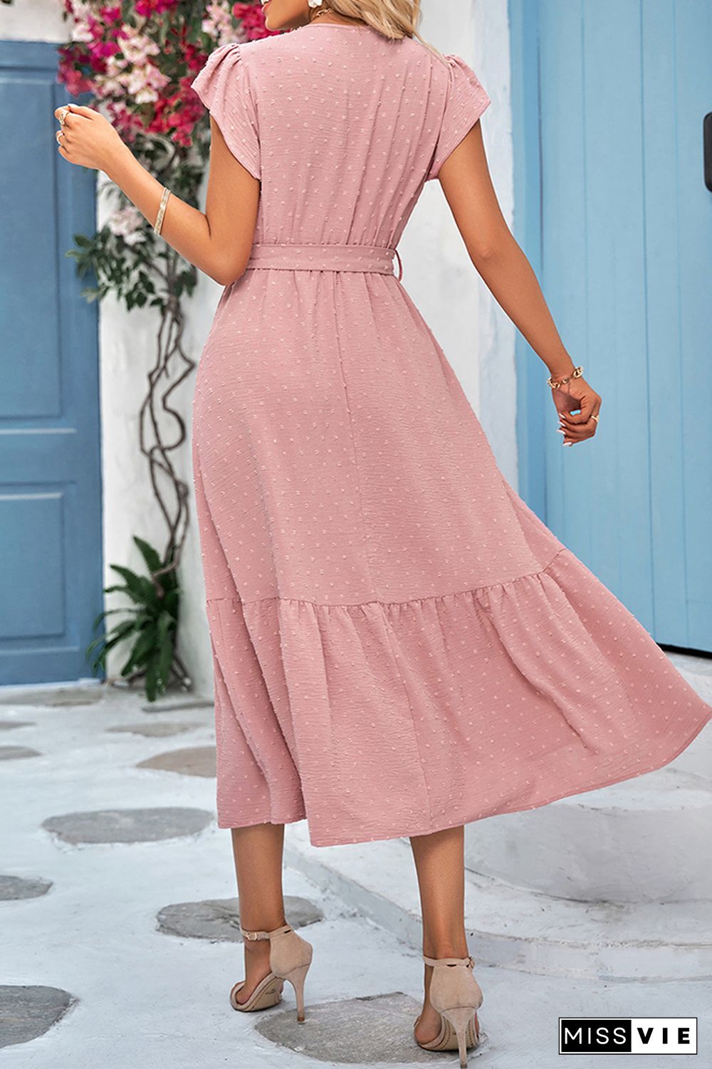 Texture Spot Wrap V Neck Lace Edge Maxi Dress