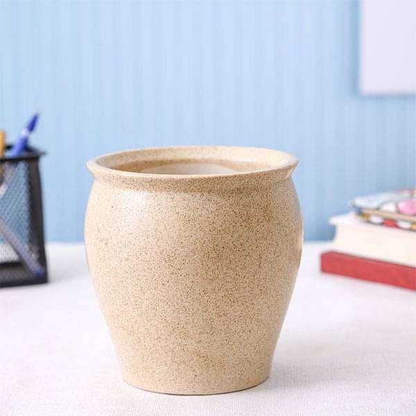 4.9 inch (12 cm) Matka Vase Marble Finish Round Ceramic Pot (Light Brown) (set of 2)