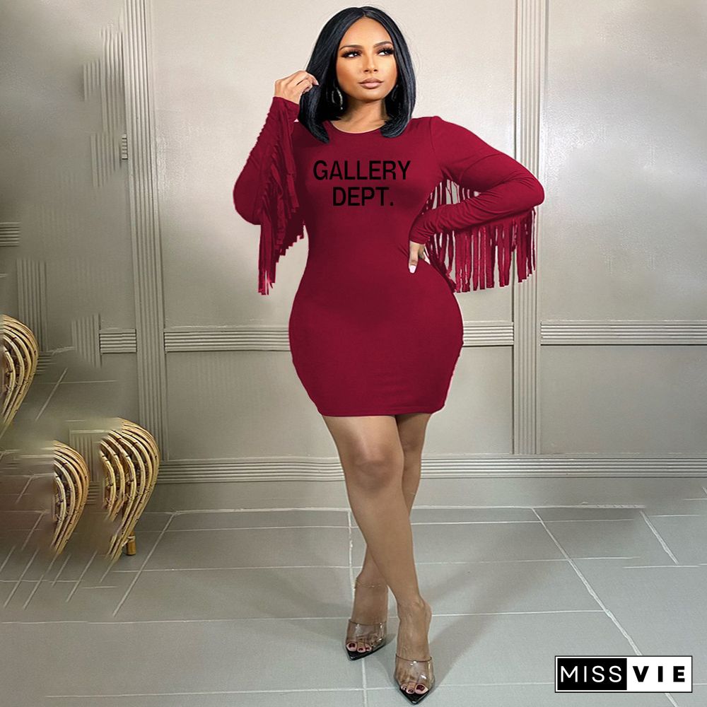 Plus Size Long Sleeve Tassel Splicing Bodycon Dresses