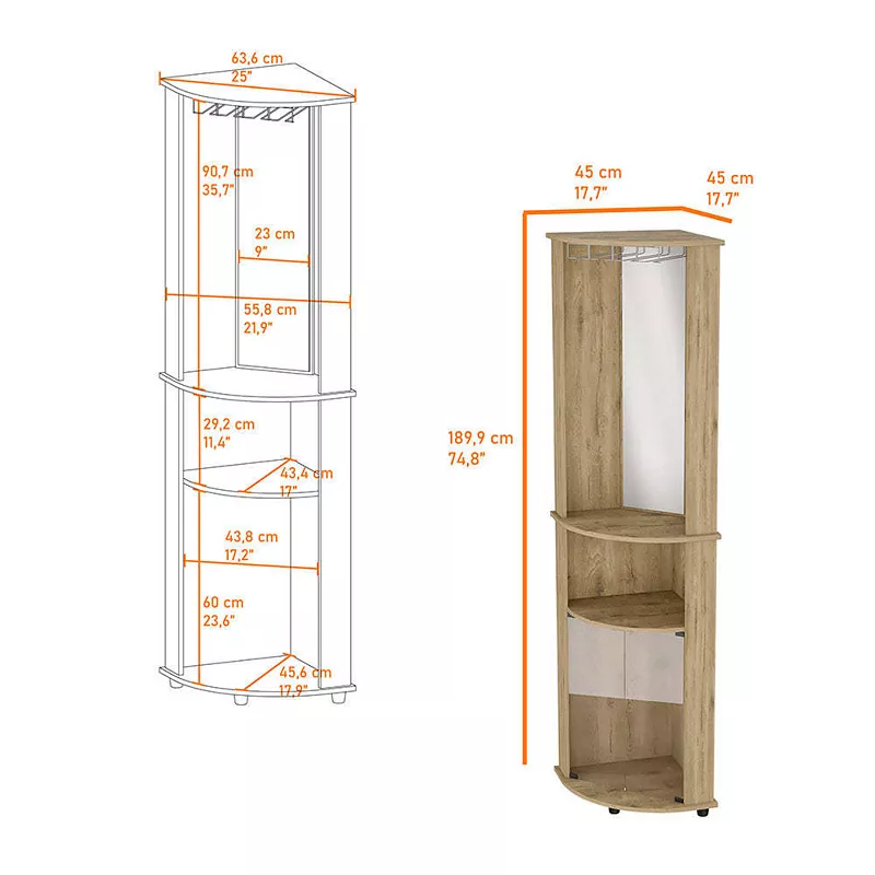 Oregon Corner Bar Cabinet， 3-Tier Shelf with Glass Rack