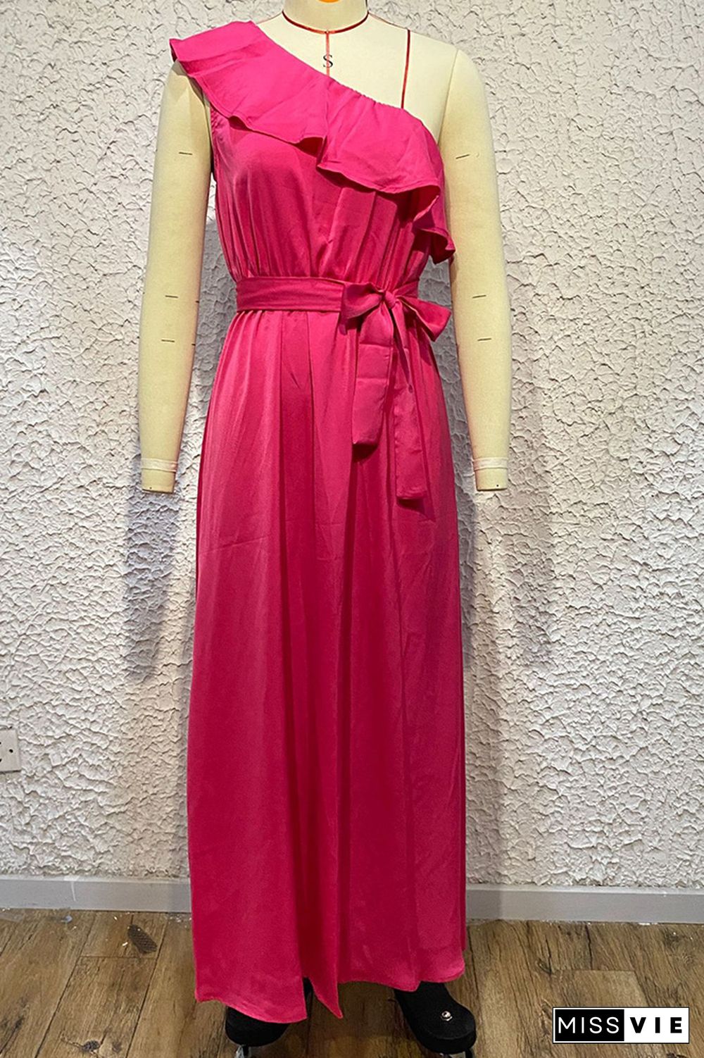 Rose One Shoulder Ruffles Maxi Dress Wish Sash