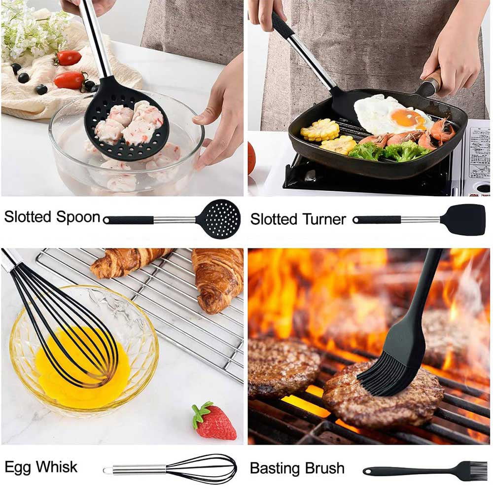 17Pcs Silicone Cooking Utensil Set, Kitchen Utensils Cooking Utensils Set, Food Grade Silicone Spatula Set, Non-stick Heat Resistant Silicone Cookware with Strong Stainless Steel Handle