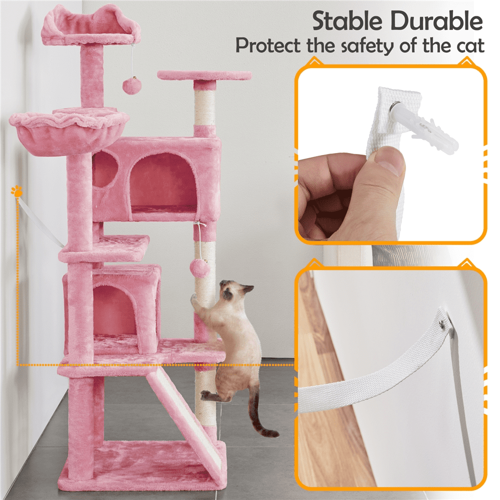 SMILE MART 57''H Multilevel Cat Tree Condo Tower with 2 Condos and Fur Ball and Round Platform and Ladder， Pink