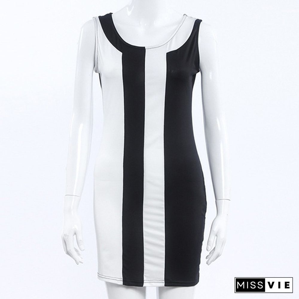 S-5XL Summer Women O-neck Sleeveless Black and White Patchwork Party Mini Dress Bodycon Skirt